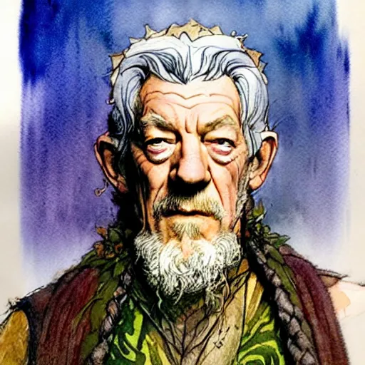 Prompt: a realistic and atmospheric watercolour fantasy character concept art portrait of ian mckellen as a druidic warrior wizard looking at the camera with an intelligent gaze by rebecca guay, michael kaluta, charles vess and jean moebius giraud