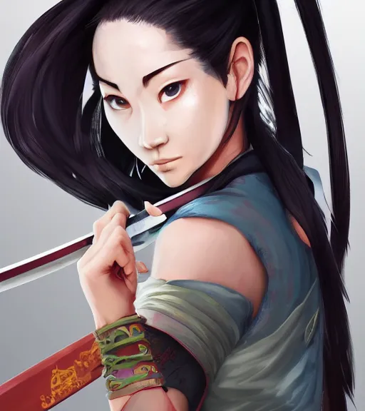 Image similar to a girl holding a katana, ponytail, highly detailed, digital painting, artstation, concept art, smooth, sharp focus, kunoichi, illustration, style of eiichiro oda