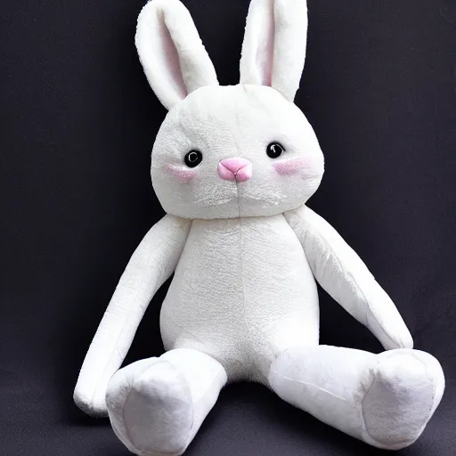 Image similar to single plush stuffed animal bunny, soft fabric, marketing, bright, colorful, void, slightly off, kawaii, creepy, dark color, kids toy