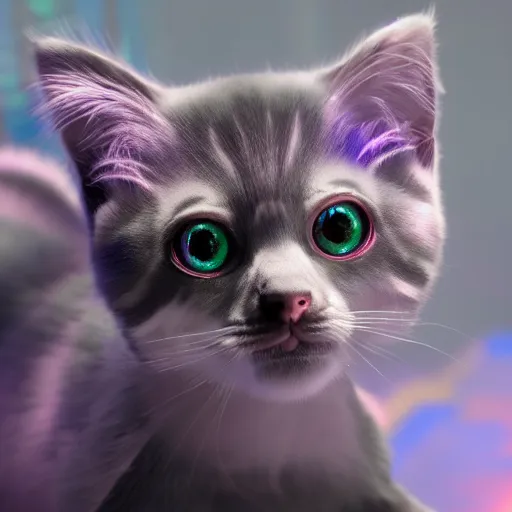 Image similar to iridescent kittens cyperpunk 2 0 7 7, unreal engine 5, 8 k ultra realistic, hyperdetailed, volumetric lighting, extremely high quality