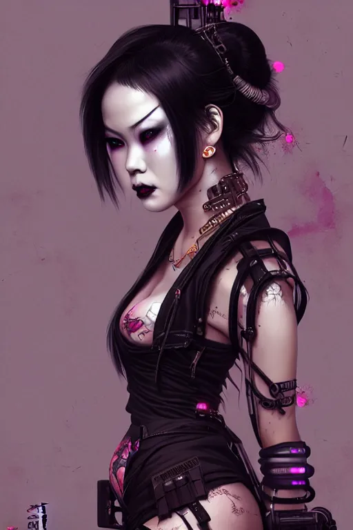 Prompt: soft lustrous ebony asian geisha goddess yakuza biotech raver gutter punk gothic cyborg, cyberpunk city, urban decay, decay, underworld, dark art, highly detailed, digital painting, octane render, artstation, concept art, smooth, sharp focus, illustration, art by artgerm, loish, wlop