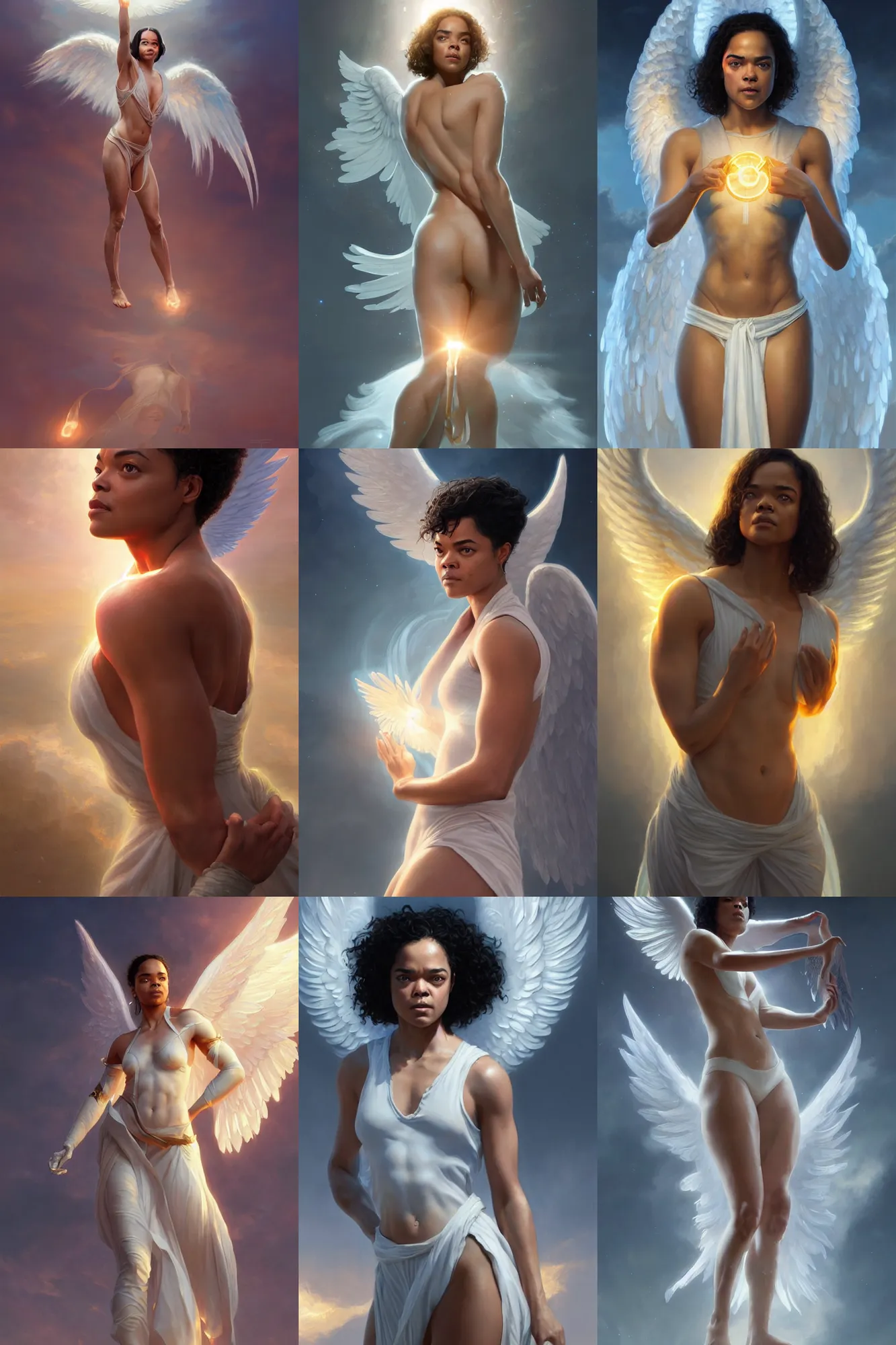 Prompt: tessa thompson as a heavenly angel, anatomy, bathing in light, highly detailed, digital painting, artstation, concept art, smooth, sharp focus, illustration, unreal engine 5, 8 k, art by art by artgerm and greg rutkowski and edgar maxence