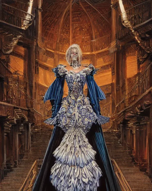 Image similar to fashion model walking down a catwalk, elaborate dress by alexander mcqueen, art by michael whelan and chris moore and howard david johnson and tim white and dan giancola