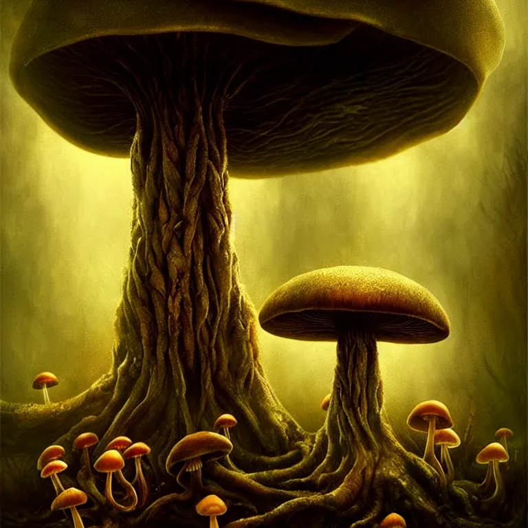 Image similar to epic professional digital art of startling mushroom, faint golden moody atmospheric lighting, painted, intricate, detailed, detailed, foreboding, by leesha hannigan, wayne haag, reyna rochin, ignacio fernandez rios, mark ryden, iris van herpen,, epic, stunning, gorgeous, much wow, cinematic, masterpiece.