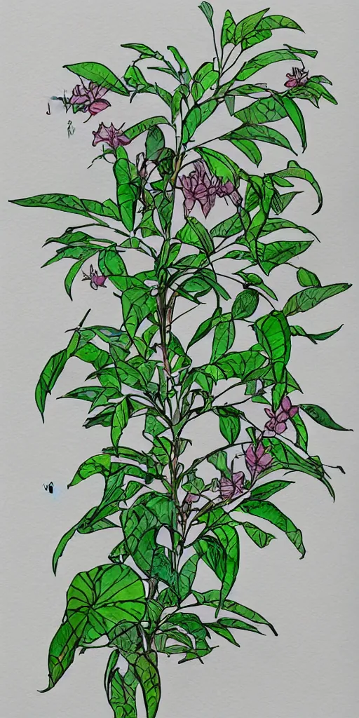 Image similar to water color and pen, high resolution, detailed, trending on artstation, alien tea plant