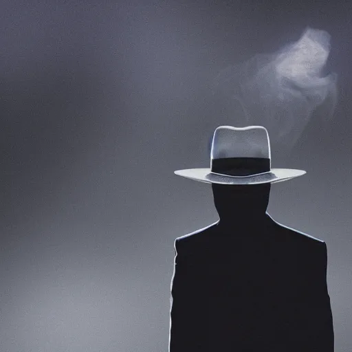 Image similar to white light from right, mysterious man in black suit and black hat, he has a pistol, smoke, fog, mysterious, 4 k, highly detailed, digital art, strong shadows, high contrast, epic scene, atmospheric, blue colours, old photograph