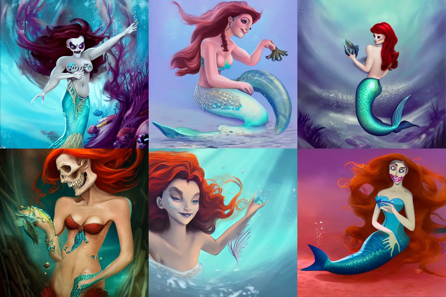 Prompt: underwater, a beautifull mermaid diving holdings a skull in her arms, concept art, 4k, inspired by Disney Ariel.