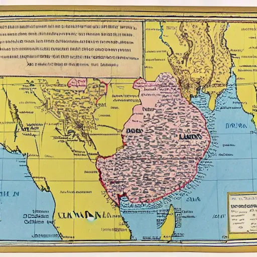 Image similar to map of mainland southeast asia, zoom in burma thailand laos cambodia and vietnam, 1 7 th century, high accuracy, based on geographical map,