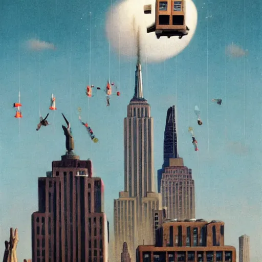 Image similar to Santa buzzing/flying past the empire state building whilst wearing his jetpack greg rutkowski giorgio de chirico john currin clarence holbrook carter mark ryden simon stalenhag