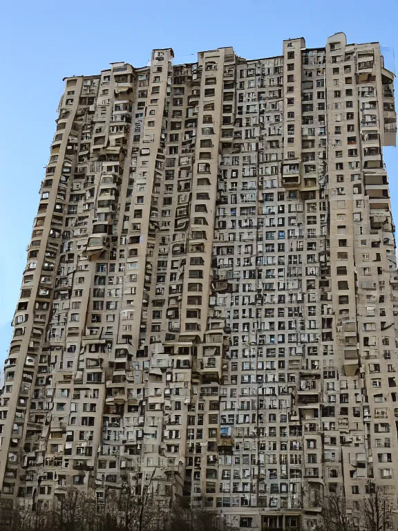 Image similar to soviet apartment building, photo, one full object, front side view