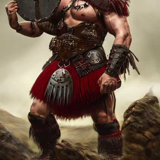 Image similar to bulky muscular scottish warrior with red hair and a kilt, tribal blood red war paintings on his chest, bronze plate armor, 4 k oil on linen by wlop, artgerm, andrei riabovitchev, nuri iyem, james gurney, james jean, greg rutkowski, highly detailed, soft lighting 8 k resolution