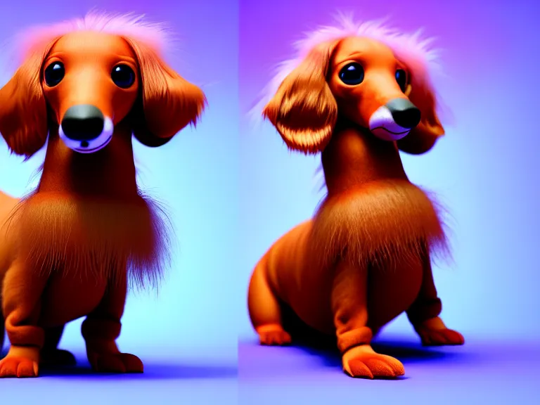 Image similar to high quality 3 d render hyperrealist very cute fluffy smooth dachshund plush mascot, long spiky fluffy hair, photo from the side, multi pastel colors, vray, smooth background, artstation, ultra detailed