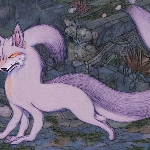 Image similar to a nine tailed fox, kitsune, japanese folklore, realistic depiction