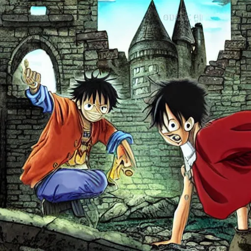 Image similar to luffy in the harry potter universe far away at some ruins from a castle. a wizard is already there and summons a portal that would take me back home.