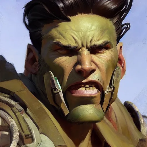 Image similar to greg manchess close - up portrait painting of a ruggedly handsome male dieselpunk orc with olive green skin as an overwatch character, medium shot, asymmetrical, profile picture, organic painting, sunny day, matte painting, bold shapes, hard edges, street art, trending on artstation, by huang guangjian and gil elvgren and sachin teng