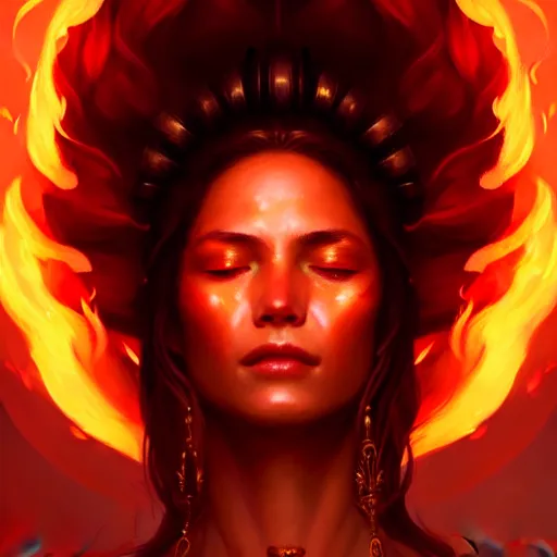 Image similar to a beautiful portrait of a fire goddess with closed eyes by Greg Rutkowski and Raymond Swanland, Trending on Artstation, Flaming Background, ultra realistic digital art