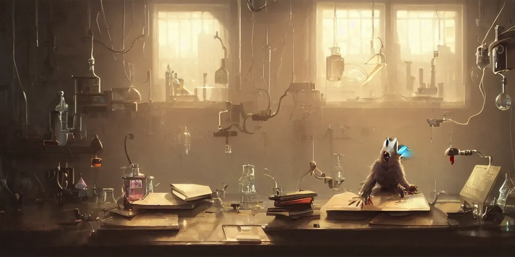 Image similar to humanoid rat in a laboratory sitting at a desk with lots of flasks filled with magic liquids and poisonous fog, stephen bliss, unreal engine, fantasy art by greg rutkowski, loish, rhads, ferdinand knab, ilya kuvshinov, rossdraws, tom bagshaw, global illumination, radiant soft light, detailed and intricate environment