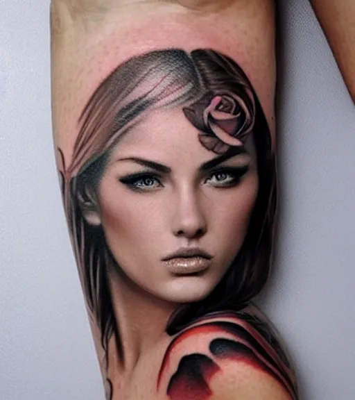 Image similar to tattoo design on white background of a beautiful girl warrior, roses, hyper realistic, realism tattoo, by eliot kohek, beautiful eyes, realistic face, black and white