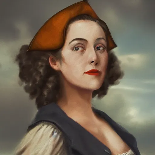 Prompt: smiling, teasing, beautiful, intelligent female pirate captain 2 8 years old, 1 9 4 0 s haircut, fully clothed, wise, beautiful, 1 7 5 0 s oil painting, dramatic lighting, trending on artstation, sharp focus