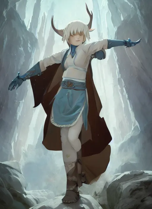 Image similar to concept art painting of a fully clothed person with brown skin and short white hair, demon horns, deer ears, blue tunic and robes, detailed, d & d style, cel shaded, in the style of ruan jia and artgerm and makoto shinkai and james gurney