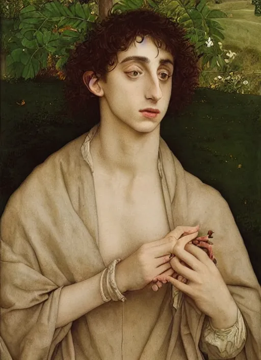 Image similar to (((( a painting of a Timothee Chalamet looking at a flower, a character portrait by Dürer, behance, pre-raphaelitism, da vinci, pre-raphaelite, detailed painting“