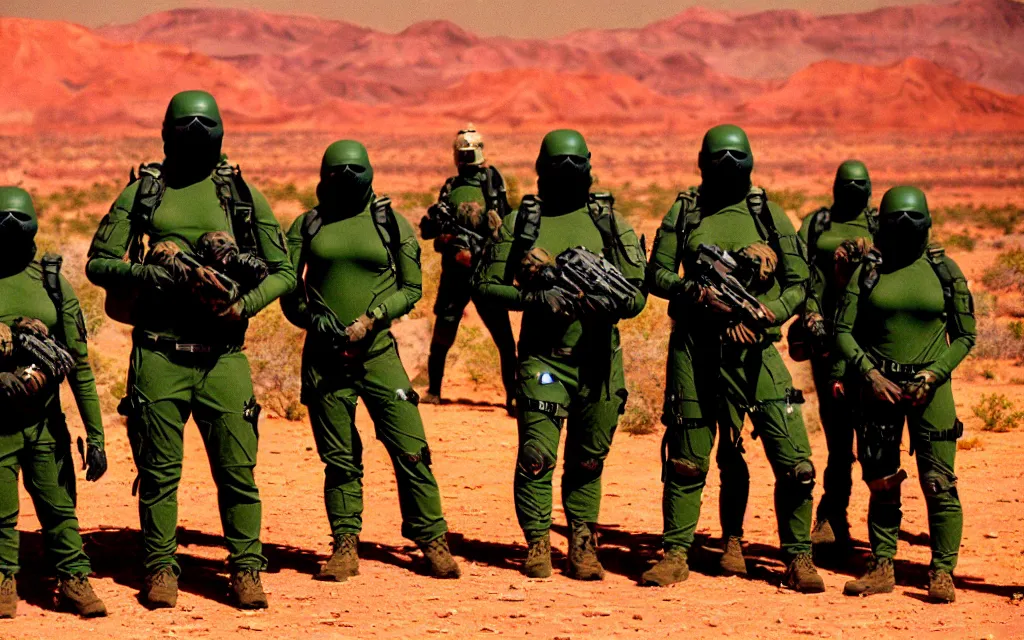 Image similar to a team of five people in dark green tactical gear like death stranding and masks, red mesas behind them, look at a desert oasis in the distance. They 're afraid. dusty, red, mid day, heat shimmering, 35mm film