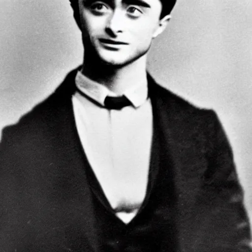Image similar to photograph of daniel radcliffe, male, 1 9 0 0 s, 1 9 1 0 s, grainy, slightly blurry, faded, realistic face