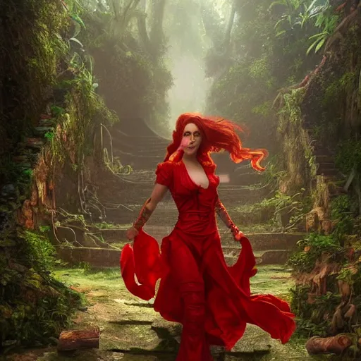 Prompt: a female draconic sorceress with curly red hair wearing a red dress and a red coat exploring the ruins of an abandoned maya city in the jungle, fantasy, highly detailed, digital painting, artstation, concept art, character art, art by greg rutkowski and tyler jacobson and alphonse mucha