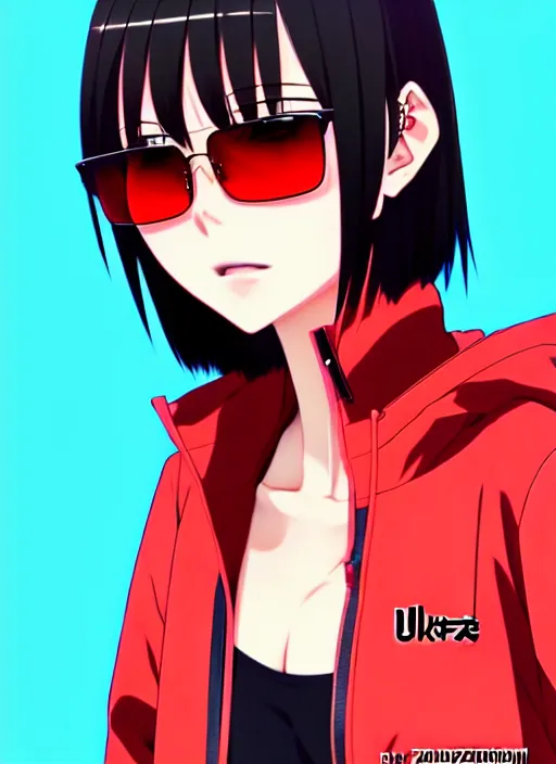 Prompt: anime portrait of a ulzzang beautiful woman, medium long bob, straight bangs, wearing sunglasses and red techwear jacket, ilya kuvshinov, anime, pixiv top monthly, trending on artstation, cinematic, danbooru, zerochan art, kyoto animation