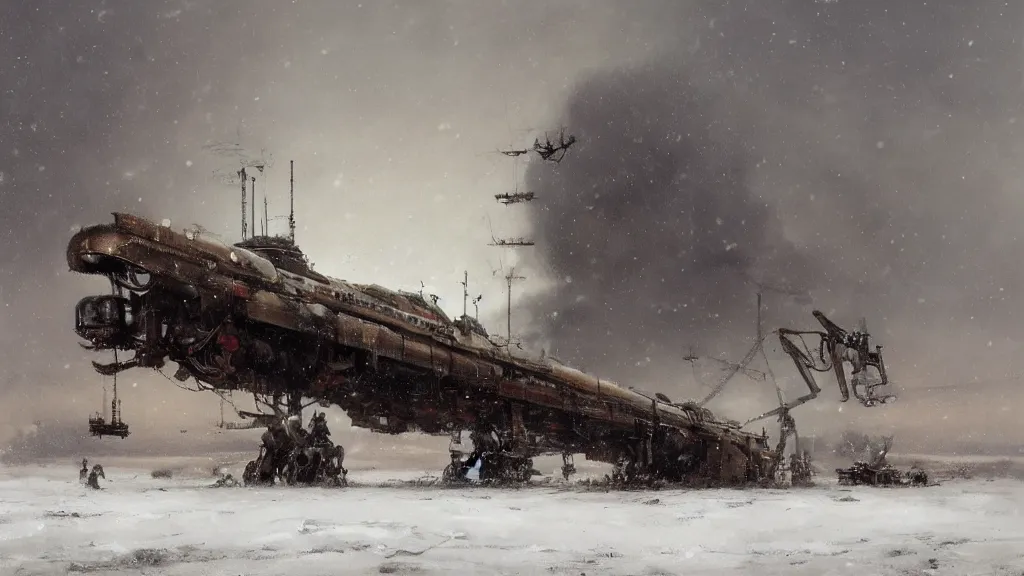 Image similar to 1920's broken down bipedal mech in the snowy tundra, oil drill in the distance, steampunk airship above, painted by Jakub Rozalski