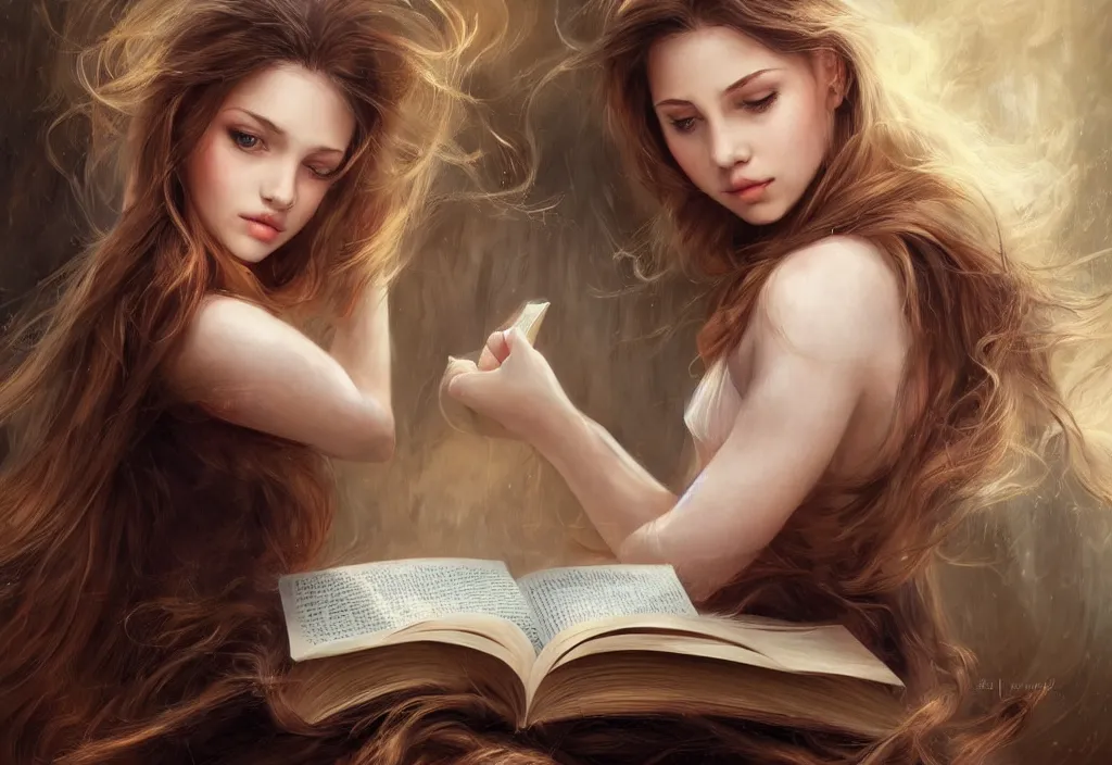 Image similar to a girl reading a book, hair flowing down, 8 k, hyperrealistic, hyperdetailed, fantasy portrait by laura sava, singular woman