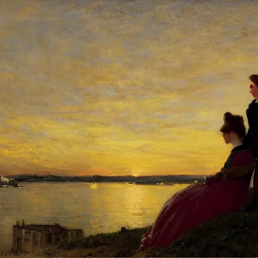 Image similar to young lady in ball gown and young worker watching the sunset by alfred stevens