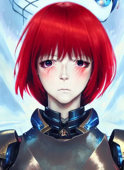 Image similar to portrait of Anime sister of battle, Warhammer 40000, cute-fine-face, red-short-hair pretty face, realistic shaded Perfect face, fine details. Anime. realistic shaded lighting by Ilya Kuvshinov katsuhiro otomo ghost-in-the-shell, magali villeneuve, artgerm, rutkowski, WLOP Jeremy Lipkin and Giuseppe Dangelico Pino and Michael Garmash and Rob Rey and Gustav Klimt