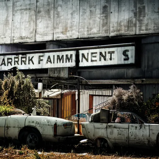 Image similar to a farm inside an abandoned car parking building, concrete, overgrown plants, giant neon sign, photo by greg girard, dark, cinematic, volumetric light