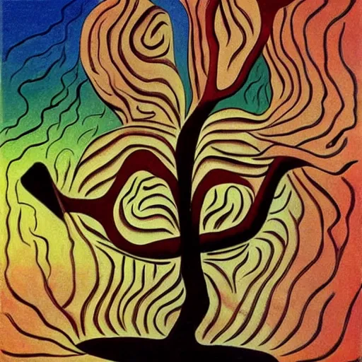 Prompt: award-winning, surrealist, cubist, artwork of a tree, in the style of Salvador Dalí