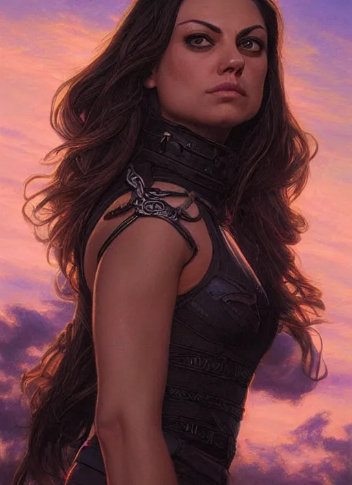 Image similar to epic portrait of Mila Kunis wearing black choker, a very strong muscled Amazon heroine, sun beams across sky, pink golden hour, intricate, elegance, highly detailed, shallow depth of field, epic vista, concept art, art by Artgerm and Donato Giancola, Joseph Christian Leyendecker