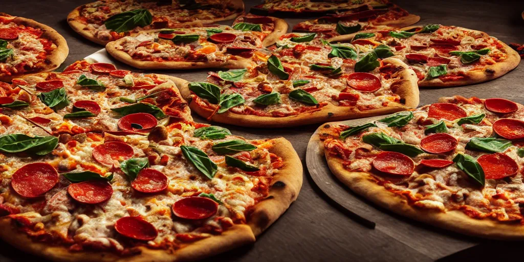 Image similar to a product picture of hundreds of pizzas, photographic filter, unreal engine 5, realistic, hyperdetailed, 8 k, cinematic, volumetric lighting, very realistic effect, hd, hdr, 4 k, sharp focus, octane render, ultra detailed, high resolution, trending on artstation in the style of albert dros glowing rich colors powerful imagery