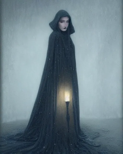Prompt: award - winning photo of a woman with melancholy, wearing a cloak, mysterious, dark, intricate, concept art, glowy, sweet night ambient, fog, by erwin olaf, by carlos schwabe, by delphin enjolras