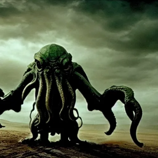 Image similar to cthulhu starring in the movie mad max, impressive scene. grainy and rough. soft colour scheme. cinematic