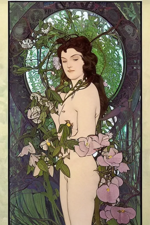 Image similar to a goddess of magnolias, queen of the garden!!, meditating in nature!!!! with a beautiful symmetrical face!!! cinematic lightning, isolated, studio lighting by alphonse mucha and tom bagshaw