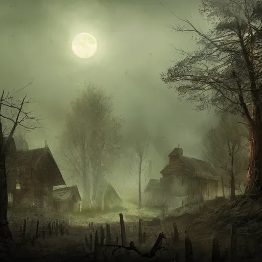 Image similar to haunted village surrounded by a dead forest, mist, moonlight, dark and gloomy, matte painting, ultra detailed, concept art