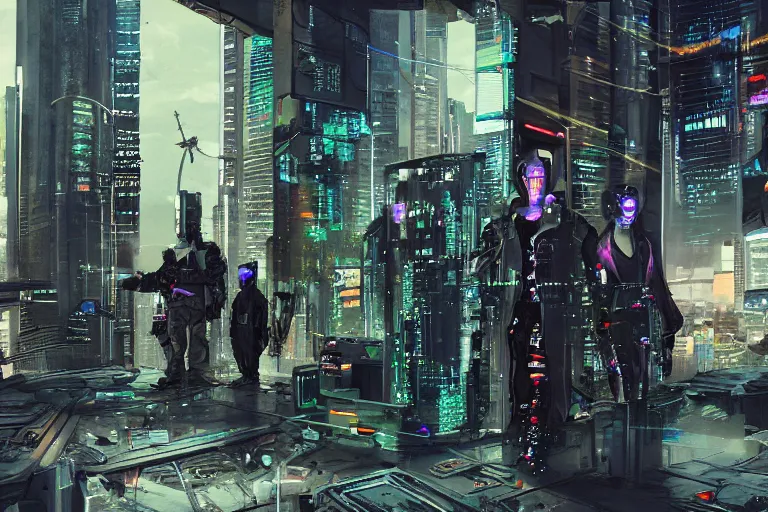 Prompt: cyberpunk hackers in high tech compound by Emmanuel Lubezki