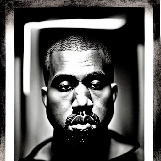 Image similar to a chiaroscuro lighting portrait of kanye west dressed as rick owens, black background, portrait by julia margaret cameron, shallow depth of field, 8 0 mm, f 1. 8