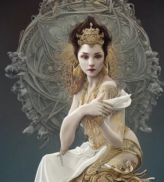 Image similar to god of death and rebirth, elegant dress, very detailed, sat on a throne, very intricate details, elaborate long hairstyle, cinematic, artstation, alphonse mucha, greg rutkowski, rossdraws, octane render