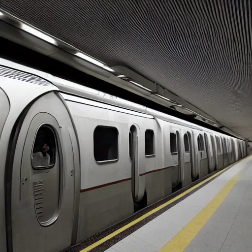 Image similar to an underground New York City subway station platform designed by Zaha Hadid