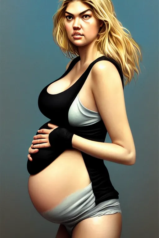 Prompt: pregnant kate upton in a black tank top, realistic portrait, symmetrical, highly detailed, digital painting, artstation, concept art, smooth, sharp focus, illustration, cinematic lighting, art by artgerm and greg rutkowski and alphonse mucha