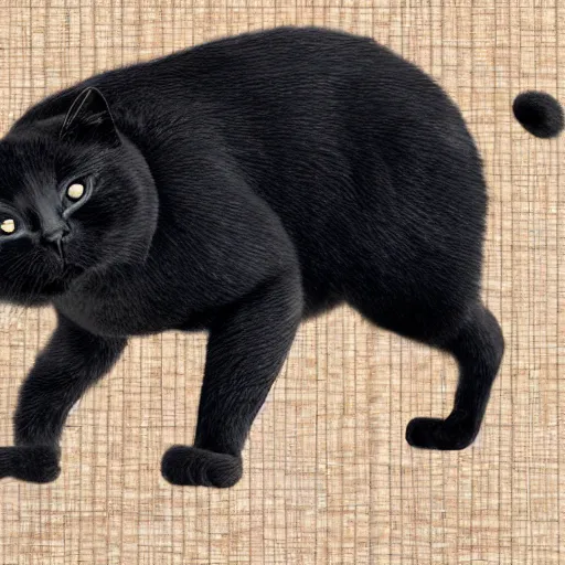 Image similar to highly detailed and photorealistic anthropomorphic chubby black cat dancing around a long and thin scratchpost