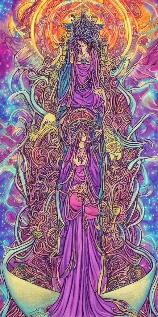 Image similar to a mystical woman priestess sitting on a throne, the divine feminine, drawn by studio UFOTABLE, psychedelic, fine line work, pastel colors, Tarot cards. The empress tarot card, detailed, anime