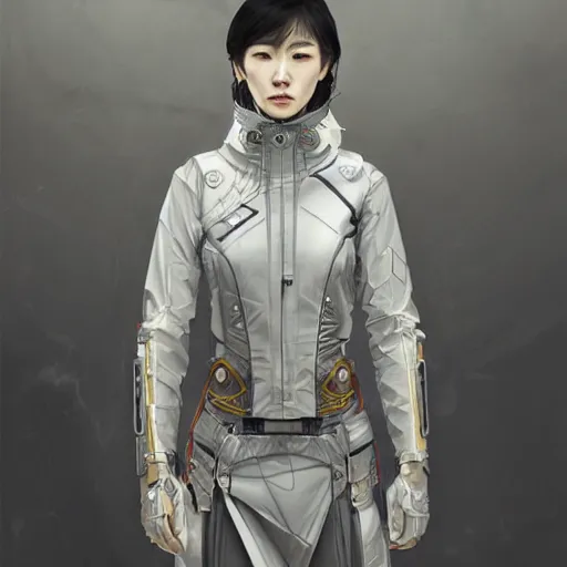 Image similar to cyborg Korean female wearing heavy techwear jacket, intricate, elegant, highly detailed, digital painting, artstation, concept art, smooth, sharp focus, illustration, art by artgerm and greg rutkowski and alphonse mucha