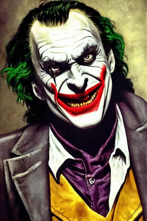 Image similar to michael keaton as the joker. at night, upper torso, beautiful painting by norman rockwell and raymond swanland, beautiful detailed face.